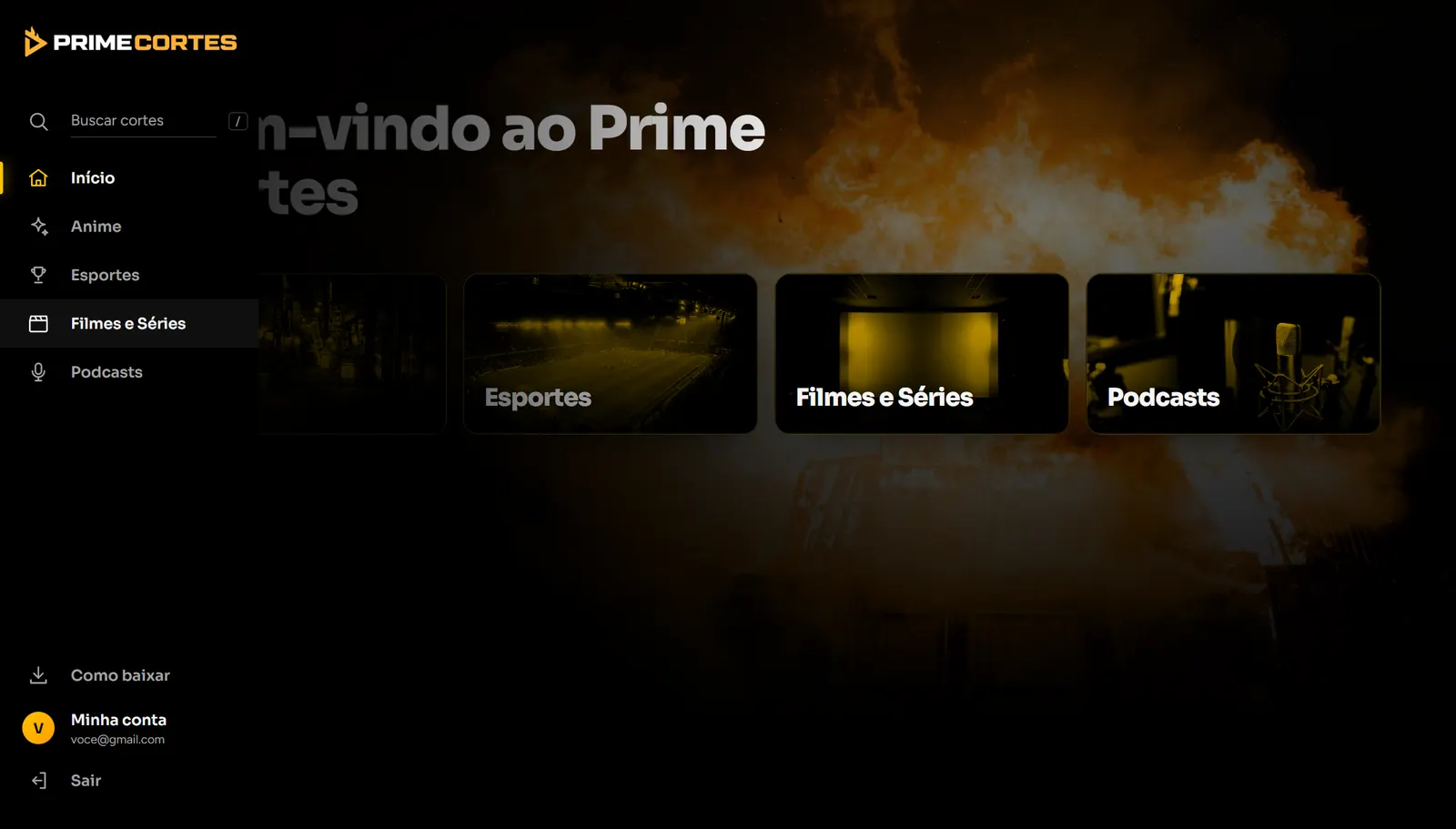Área de membros no computador: menu lateral aberto com busca, temas, Como baixar e Minha conta, e os cartões de temas com fotos